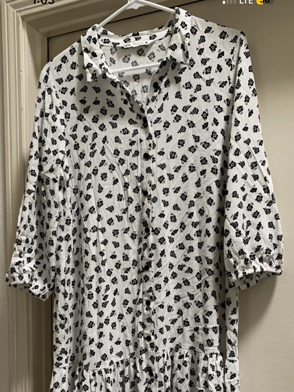 Zara white dress black flowers large drop waist excellent button down